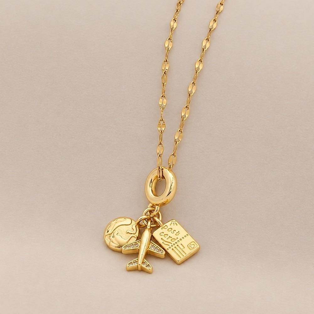 Gold Travel Charm Necklace Globe Airplane Postcard Pendant Stainless Steel Chain